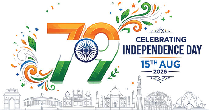 India's 77th independence day celebration graphic with national flag and landmark silhouettes