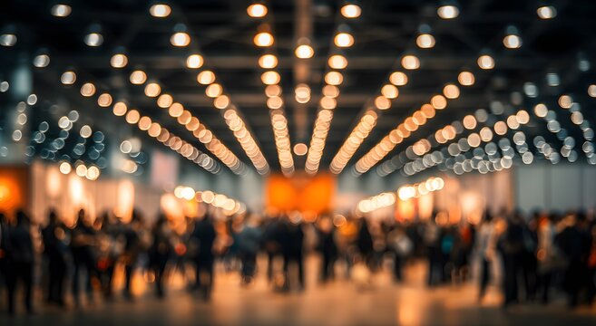 Arte abstracto de una feria profesional animada con multitud en movimiento e iluminaci&oacute;n c&aacute;lida	