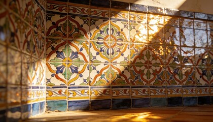 Obraz premium Displaying decorative glazed ceramic tiles catching warm sunlight at patio alcove, leaf shadows