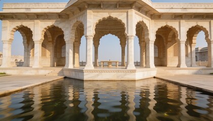 Obraz premium Reflecting white marble pavilion with scalloped arches and jali in courtyard, with rippling pool