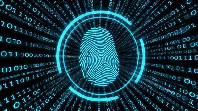 Image stock animation scans blue digital fingerprint files. Tech image stock animation streams binary code information. Secure image stock animation locks server network files.