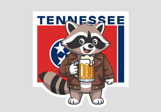 Vector cartoon cute cheerful happy raccoon wearing brown leather jacket and holding large full mug of foamy beer. Tennessee state flag. Sticker, emblem. Toon drunk racoon. Decal. Tasty beverage. Coast