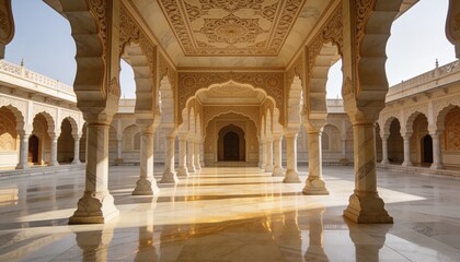 Fototapeta premium Framing central carved columns leading to dark doorway in palace arcade, showing floor reflections