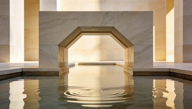 Framing marble octagonal arch guiding view to reflecting pool in pavilion, with concentric ripples
