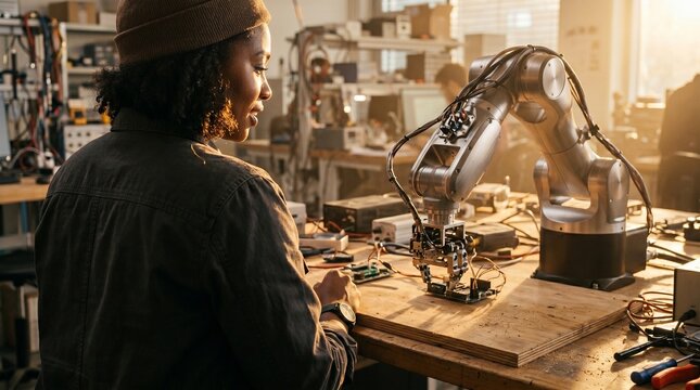 Engineer observing a precise robotic arm in a sunlit workshop