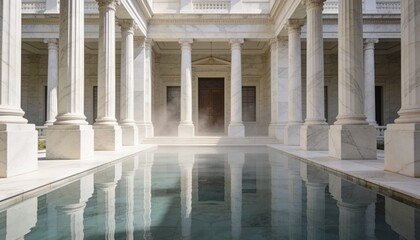 Fototapeta premium Highlighting marble columns reflecting in rectangular pool in courtyard, showing carved door
