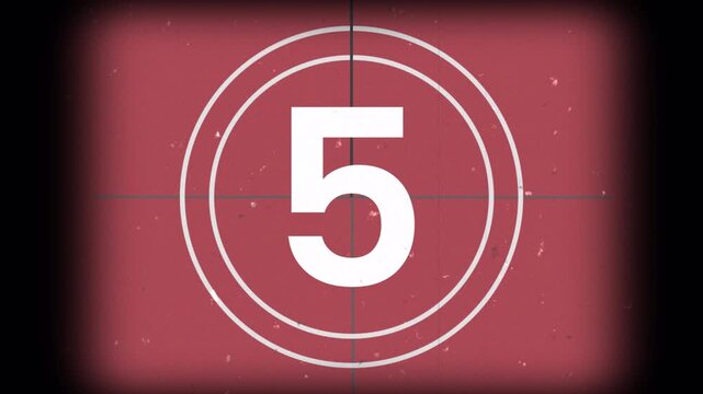 Old film projector countdown 10 second animation, on red overlay retro timer cinema start classic on background