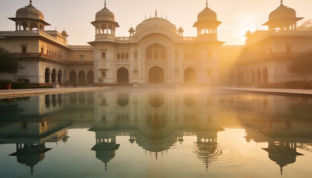 Mirroring grand monument showing central arched entrance and domes at courtyard with pool ripple