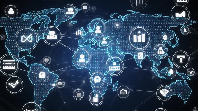 Network animation connects corporate business icons. International network animation outlines tech world map shapes. Global network animation maps communication commerce routes.