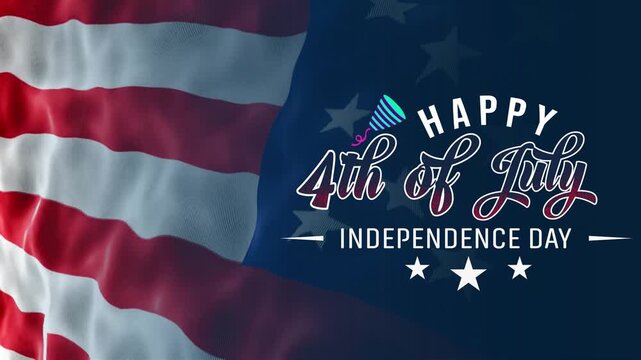 Happy 4th of July greeting animation with USA flag waving background, fireworks splash, and festive lettering text for Independence Day banner, social media feed, and stories