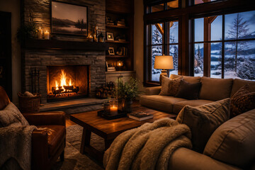 Obraz premium A cozy living room with a fireplace, comfortable seating, and large windows overlooking a snowy landscape.
