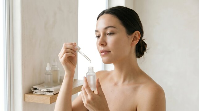 Woman applying facial serum with dropper