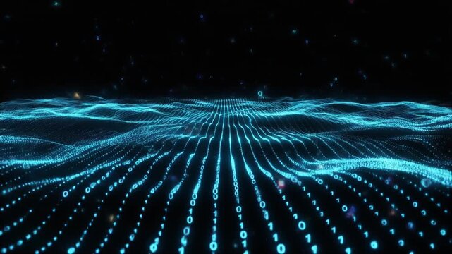 Binary code animation flows abstract digital data waves. Tech binary code animation tracks glowing network particles. Cyber binary code animation textures computer mainframes.