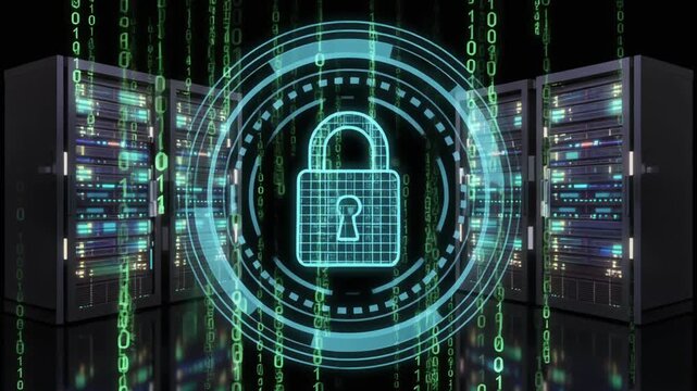 Server animation cascades binary code over data racks. Cybersecurity server animation wires glowing padlock symbols. Safe server animation guards enterprise information systems.
