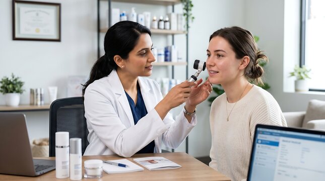 Doctor examining a young woman with an otoscope