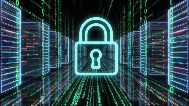 Security padlock lock animation grids computer database racks. Digital security padlock lock animation drops binary scripts. Safe security padlock lock animation screens servers.