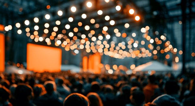 Arte abstracto de una feria profesional animada con multitud en movimiento e iluminaci&oacute;n c&aacute;lida	