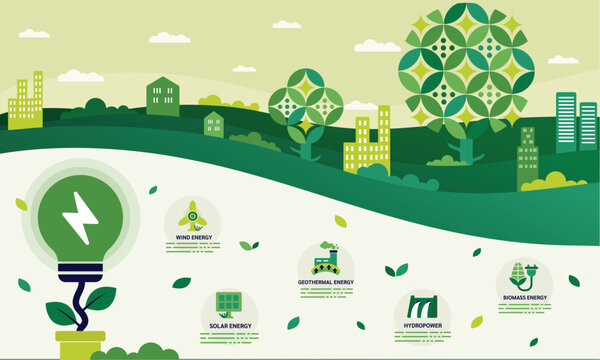 Renewable energy, green energy concept with icons for web banner background vector. Ecology, sustainable environment development and clean industrial factory, electricity, renewable energy sources.
