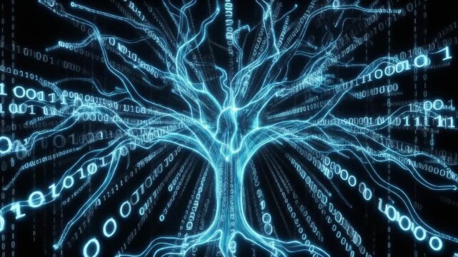 Technology animation grows abstract glowing blue trees. Digital technology animation forms binary code information branches. Creative technology animation designs cyber nature art.