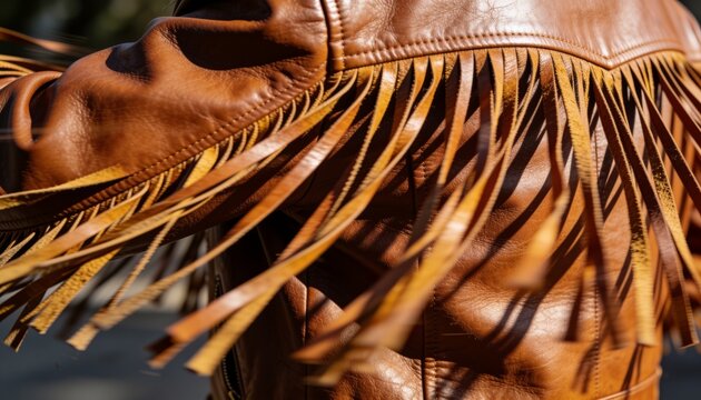 Showing person in tan leather fringe jacket moving sleeve fringes on sunny walkway, zipper visible