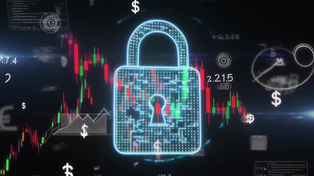 Security data animation wraps padlocks with candlestick charts. Financial security data animation loops stock market data. Corporate security data animation secures trading profiles.