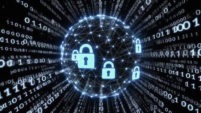 Image photo animation secures global network world maps. Protective image photo animation highlights digital padlocks. Secure image photo animation screens cloud database servers.