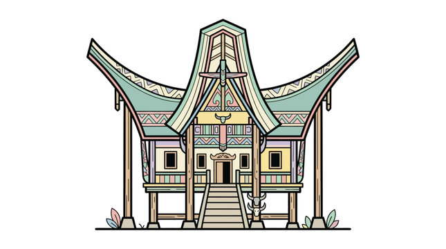 Traditional Indonesian Batak House with Ornate Decorations and Pastel Colors
