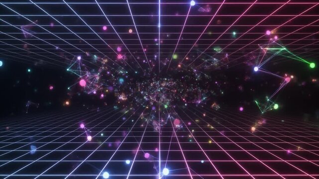 Abstract digital animation journeys neon grid tunnels. Interactive abstract digital animation maps glowing data spheres. Global abstract digital animation nets wireless data tracks.