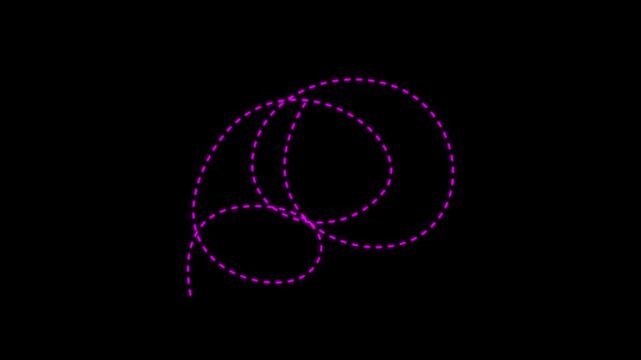 Animated neon pink dashed line path overlay on black background, for motion,4k video.