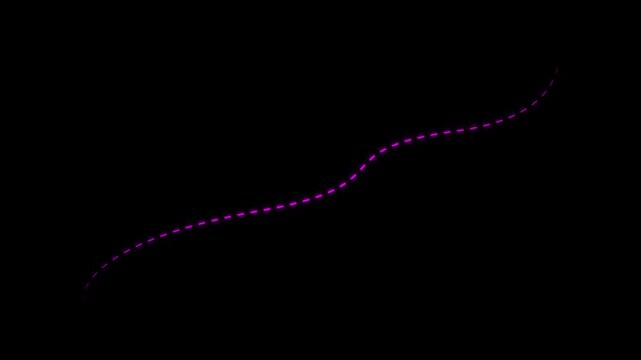 Animated purple dotted s-curve line path overlay on black background, for motion and, editing animation,4k video.
