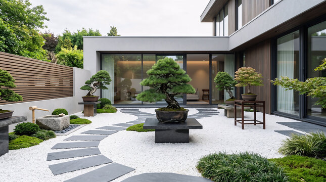 Elegant minimalist courtyard garden with white gravel, slate stepping stones, and beautiful green bonsai trees in front of a modern house
