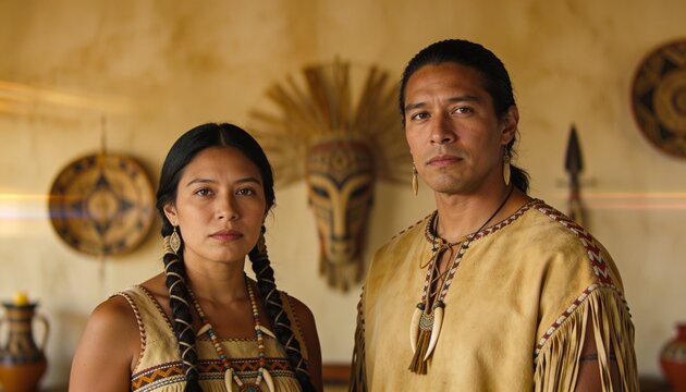 Posing two Indigenous adults wearing buckskin and beadwork in warm room, with masks