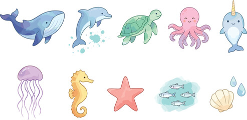 Obraz premium Watercolor Ocean Animal Collection with Whale Dolphin Turtle Octopus Narwhal Jellyfish and Marine Life Vector Illustration Set