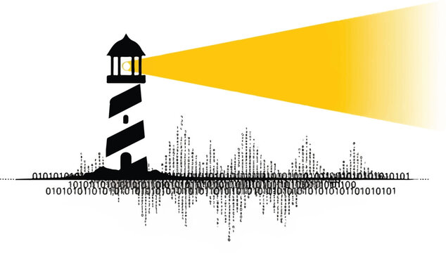 A minimalist flat vector of a lighthouse emitting a solid yellow beam of light across a stylized digital sea of binary code waves, guiding the future of technology, simple shapes. minimalist