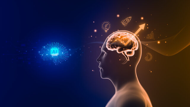 Human head with glowing brain and upward growth arrow next to AI circuit chip, creativity and innovation icons, blue and orange tones, 3D illustration