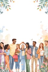 Obraz premium Friendship Day Celebration Background with Happy Young Friends and Watercolor Flowers