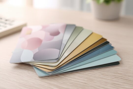 Close-up of generic store gift card stack on a wooden desk under soft natural light