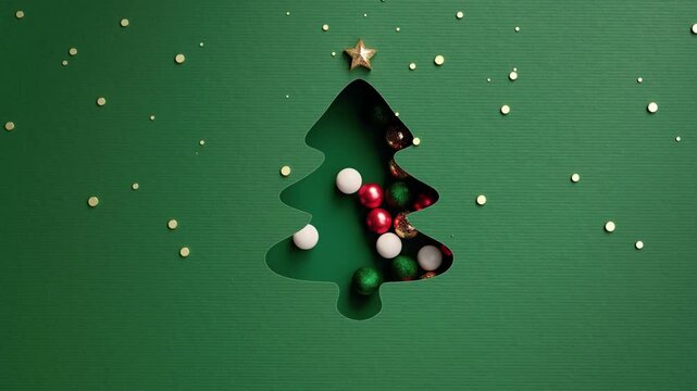 Christmas fir tree paper cut silhouette with Christmas ball rolling on green festive background. Cute Merry Christmas and Happy New Year greeting animation