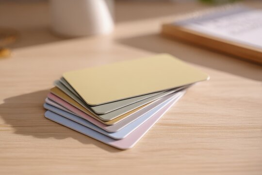 Close-up of generic store gift card stack on a wooden desk under soft natural light