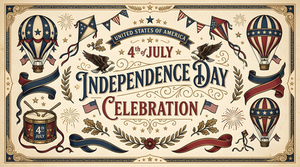 Fototapeta premium Vintagestyle illustration celebrating independence day with patriotic symbols and decorations on a beige background