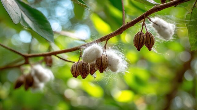 Close-up of kapok seed pods bursting with white fibers on a tropical tree