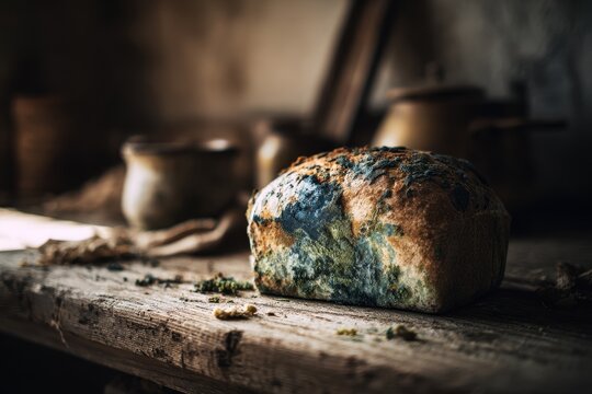 Close-up of moldy bread resting on rustic wood, moody tones and a sense of deprivation