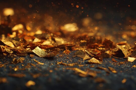 Close-up of shimmering gold foil flakes on a dark textured surface, abstract luxury background