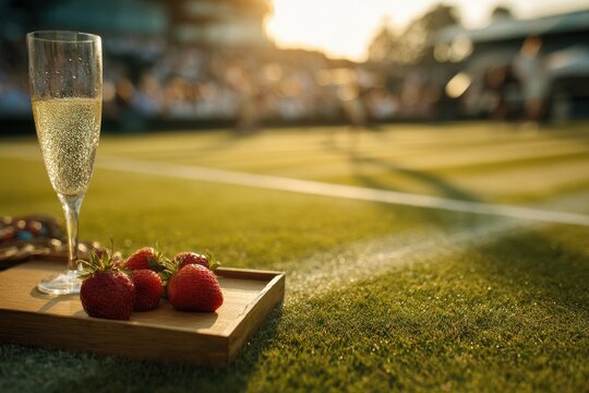 Close-up of strawberries and champagne on a tray against a bright grass court backdrop