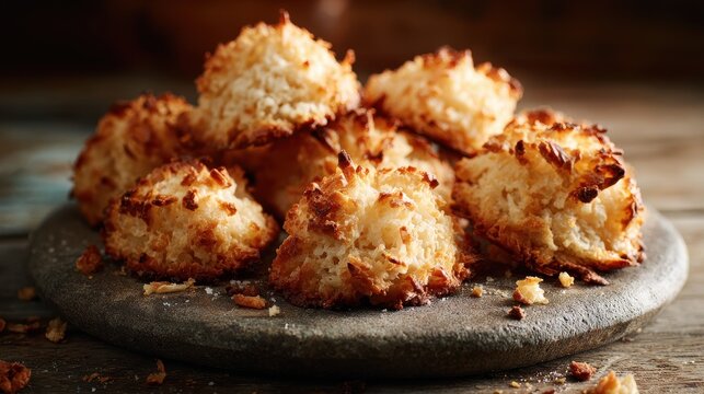 Close-up of toasted coconut macaroons on a textured stone plate