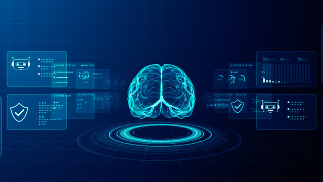 Futuristic AI agent intelligence concept with digital brain visualization, analytics dashboards, cybersecurity monitoring, and autonomous data processing technology, 3d rendering
