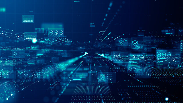 Futuristic digital data network with cybersecurity dashboards, analytics interfaces, and high speed information flow visualization for cloud computing and enterprise technology, 3d rendering