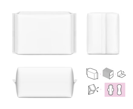 Packaging bag mockup with instructions set icons. 3d vector illustration isolated on white background. Ready for your design. Suite for the presentation of pads, diaper, wipes, etc. Scalable. EPS10. 