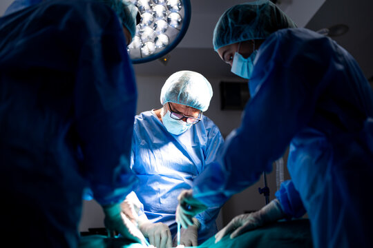 Intense focus of a surgical team performing an operation under bright overhead lights in a modern hospital operating room. Surgeon and assistants in blue scrubs work with precision on a patient.