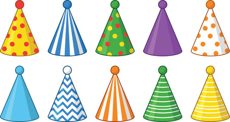 Obraz premium Vector illustration set of colorful patterned party hats with pom poms for birthday celebrations and festivals